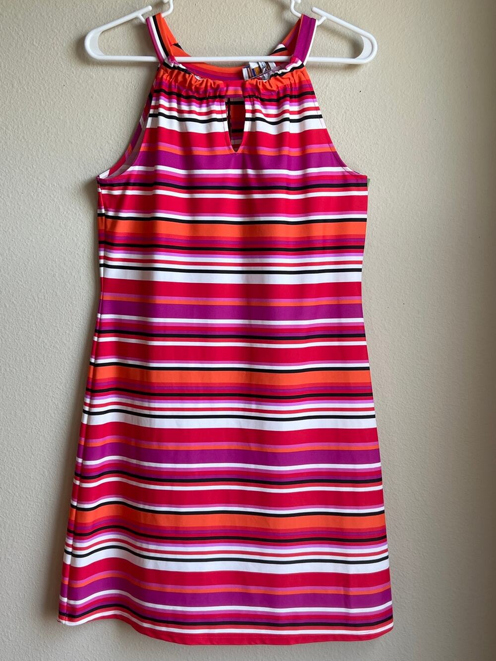 Jude Connally Lisa Halter Shift Dress Pink Orange Striped Keyhole Size Small